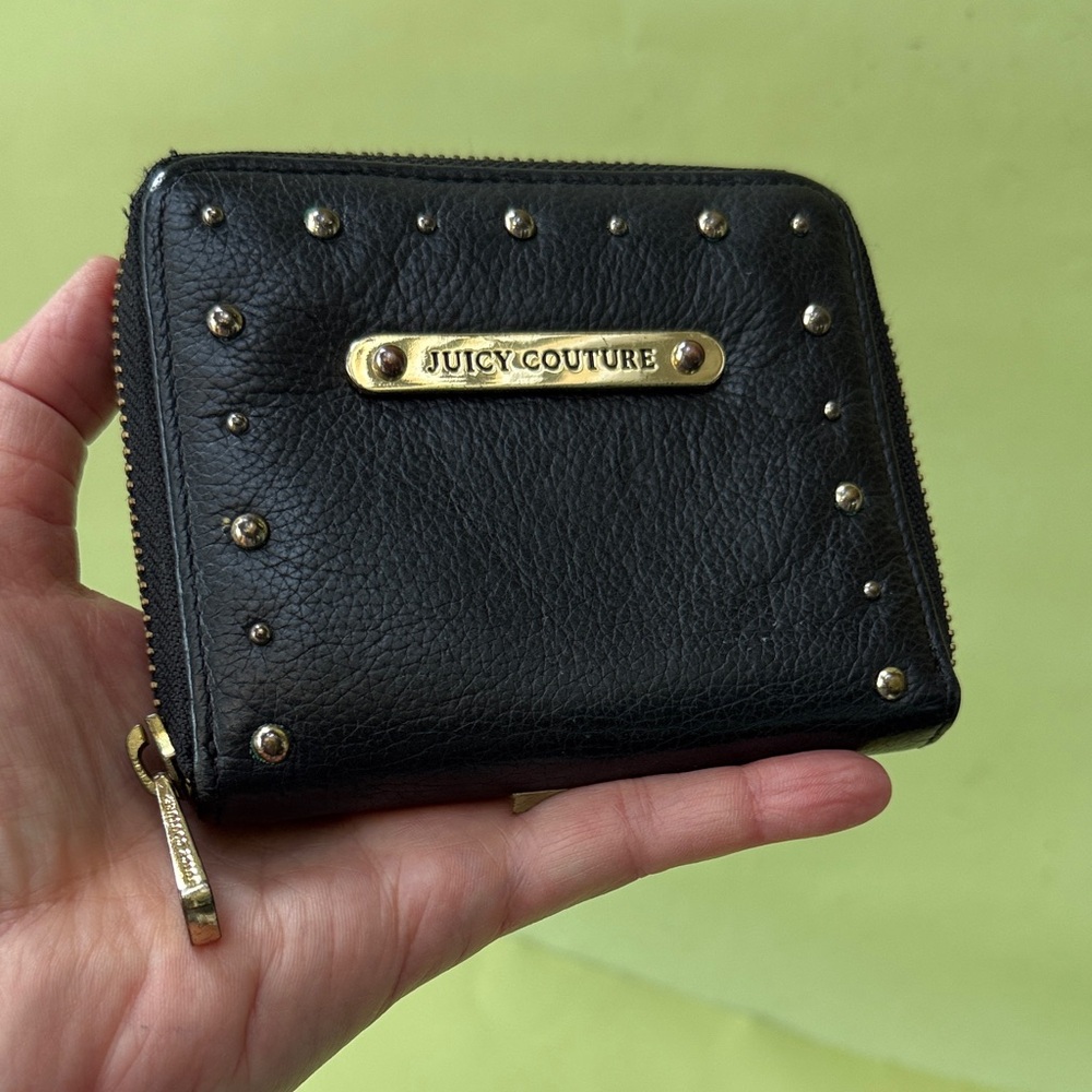 Vintage Juicy Couture Black Leather Wallet with Gold Studs and Zipper Closer